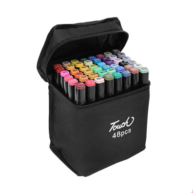 Set 48 markere colorate duble cu varf subtire si gros 1/6 mm, geanta pentru depozitare, cerneala pe baza de alcool